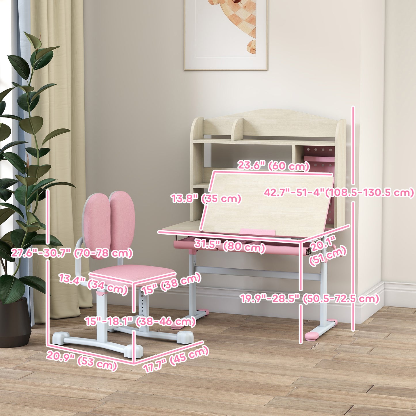 Qaba Kids Desk and Chair Set with Tilt Desktop, Adjustable Height, Drawer and Shelves for Boys Girls Ages 3-12, Pink