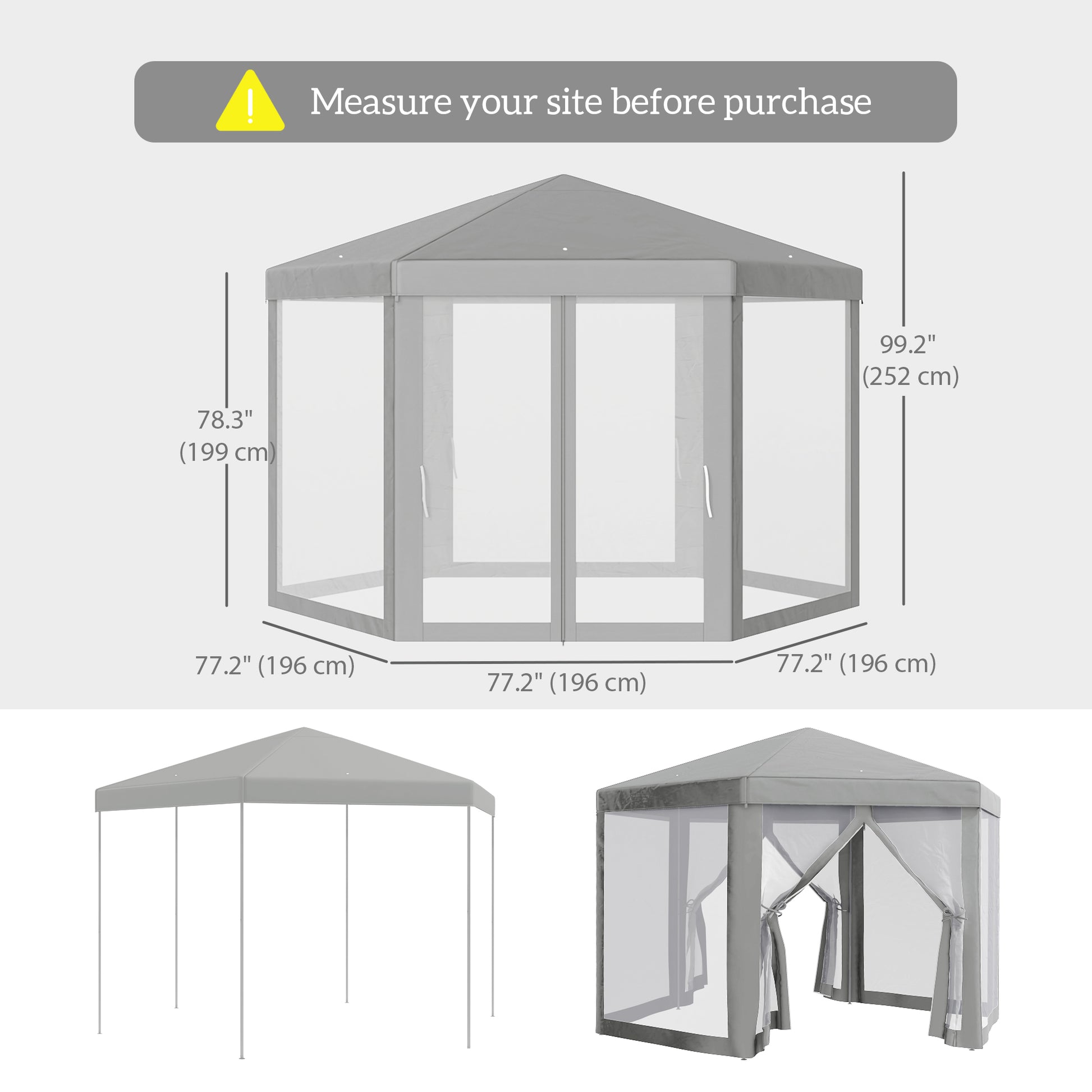 Hexagon Party Tent, Patio Gazebo with Netting Mesh, Light Grey