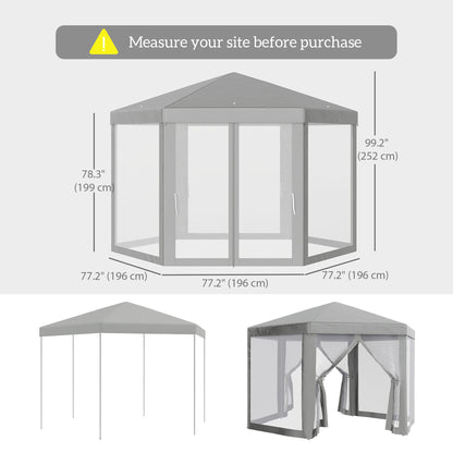 Hexagon Party Tent, Patio Gazebo with Netting Mesh, Light Grey