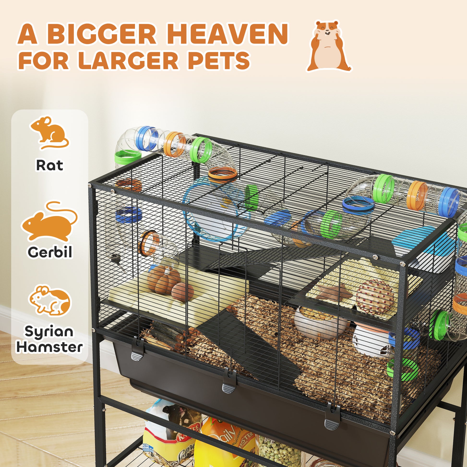 3 Tier Rolling Hamster Cage with 7" Deep Tray, Storage Shelf, Big Exercise Wheel, Tube System, for Syrian, Gerbil, Rat
