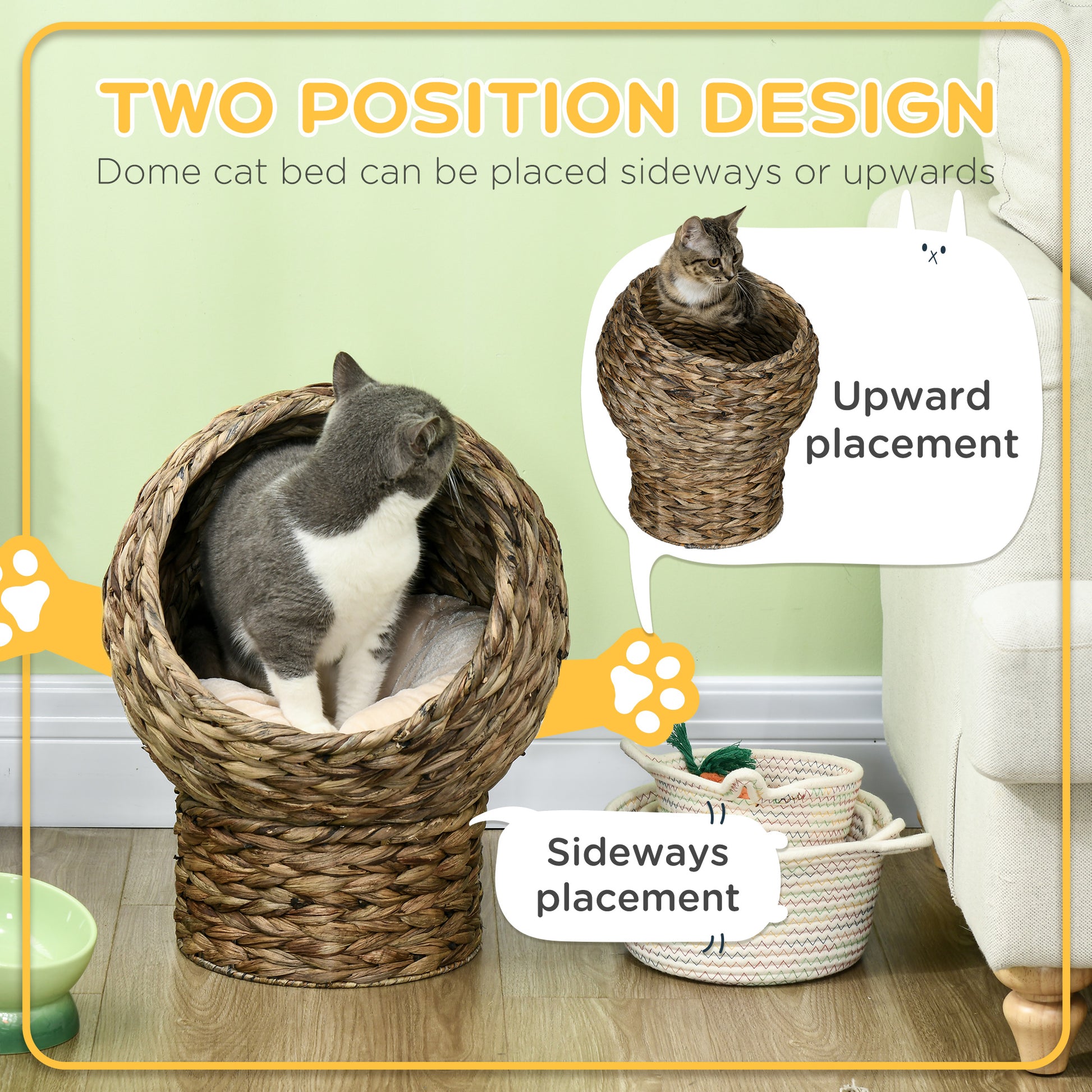 Wicker Cat Bed with Cushion, Stand, for Indoor Cats, Dark Brown