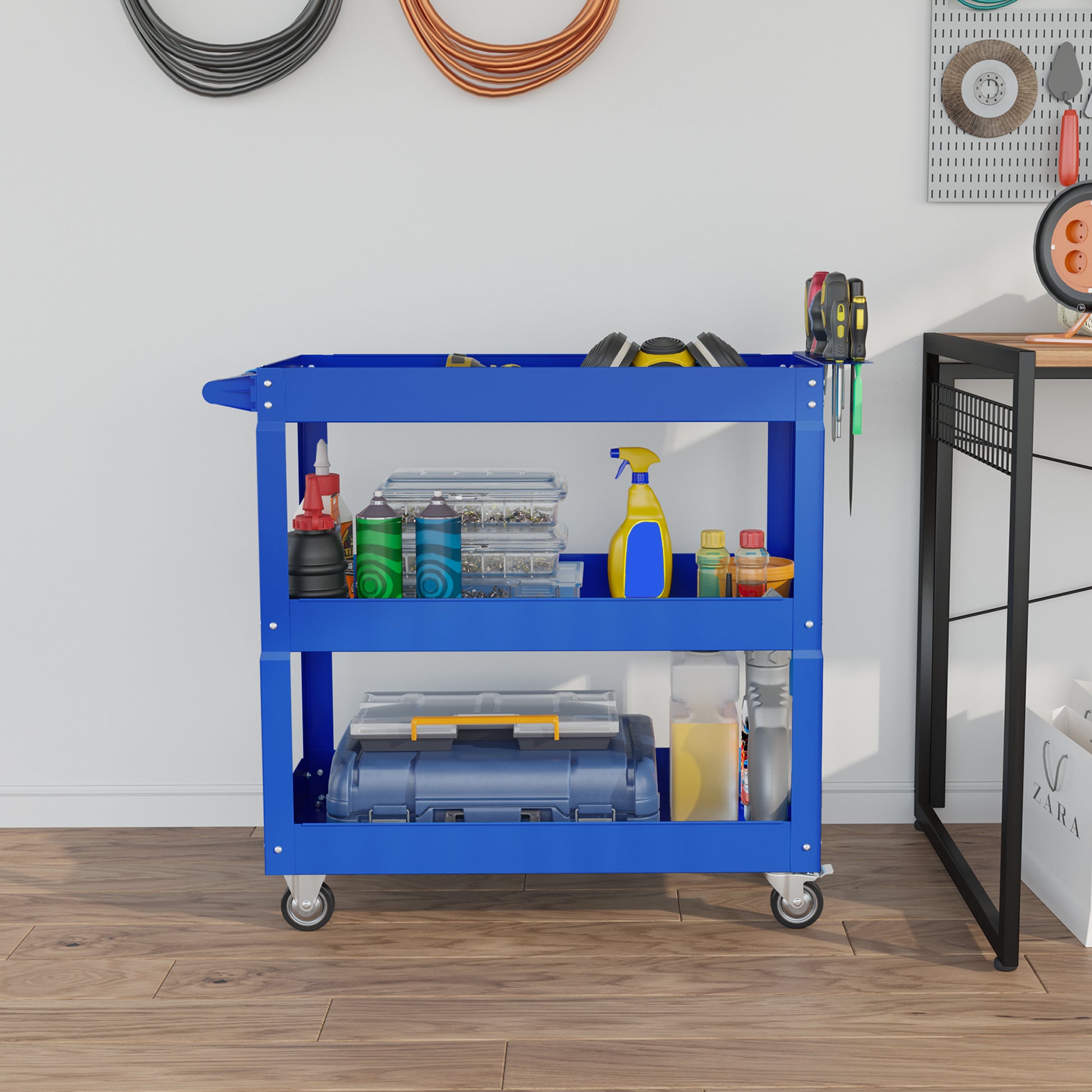 3 Tier Rolling Tool Cart with Wheels, 330 LBS Capacity Heavy Duty Utility Cart, Mobile Service Cart for Garage, Blue