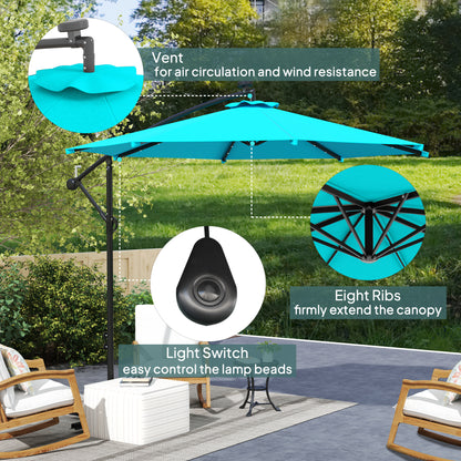 10ft Outdoor Cantilever Umbrella Banana Umbrella with Solar Lights and Adjustable Angle for Patio Backyard Turquoise