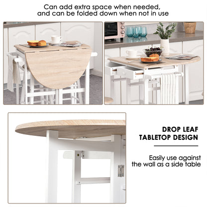 Kitchen Trolley 3 Piece Kitchen Cart Set Drop Leaf Breakfast Table and 2 Stools w/ Rolling Wheels & Towel Bars, Wood & White