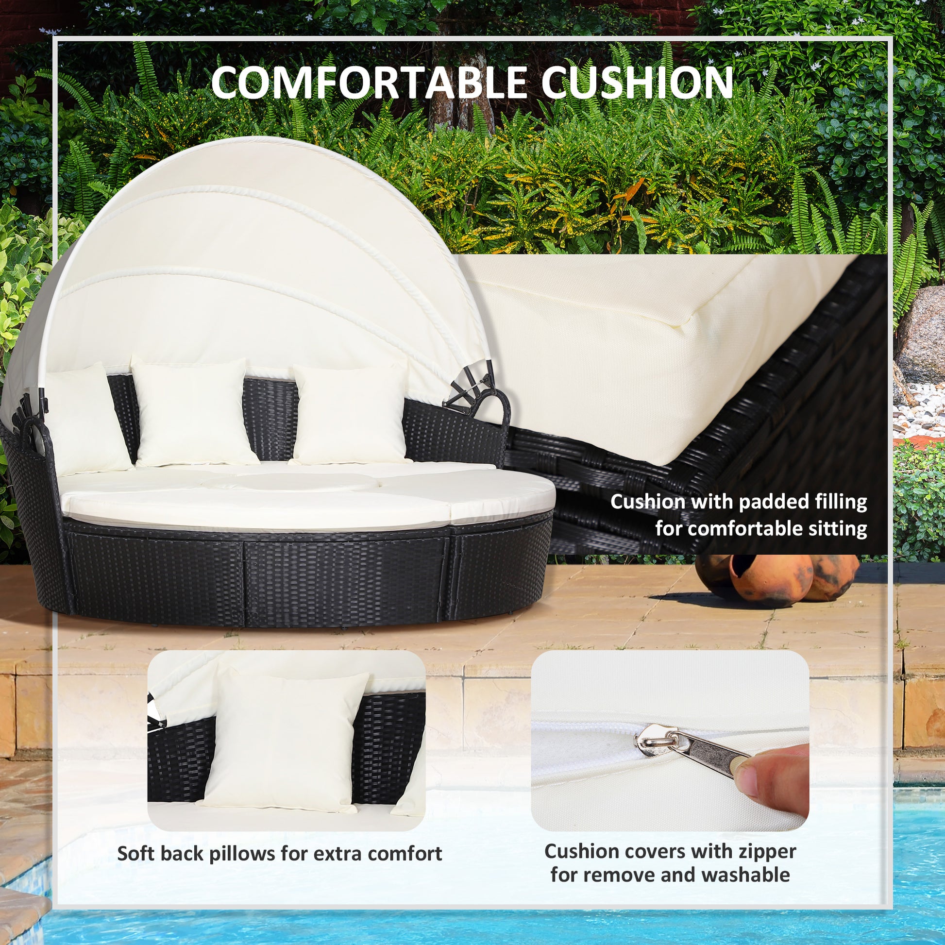 4 Pieces Outdoor Daybed with Retractable Canopy, PE Rattan Wicker Round Sofa Day Bed, Patio Sectional Conversation Furniture Set with Cushions and Pillows, Cream White