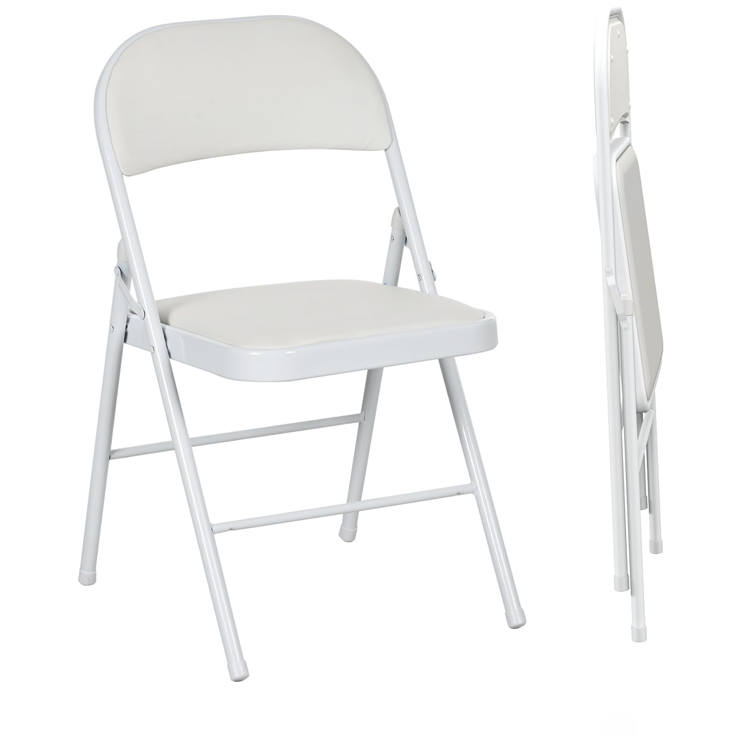 Set of 2 Metal Foldable Chairs, PU Leather Padded Folding Chairs with Cushion Seat and Open Back for Indoor, White