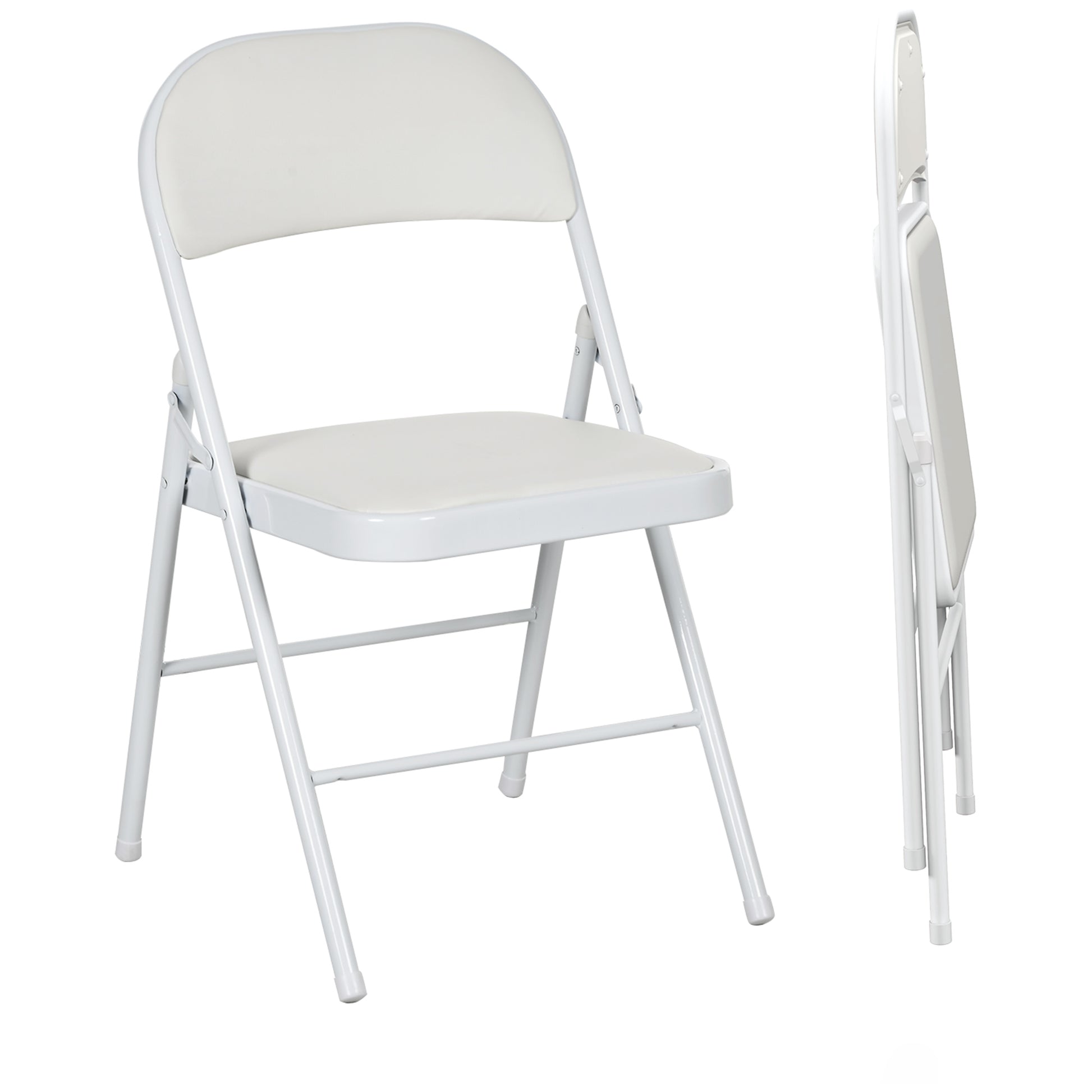 Set of 2 Metal Foldable Chairs, PU Leather Padded Folding Chairs with Cushion Seat and Open Back for Indoor, White