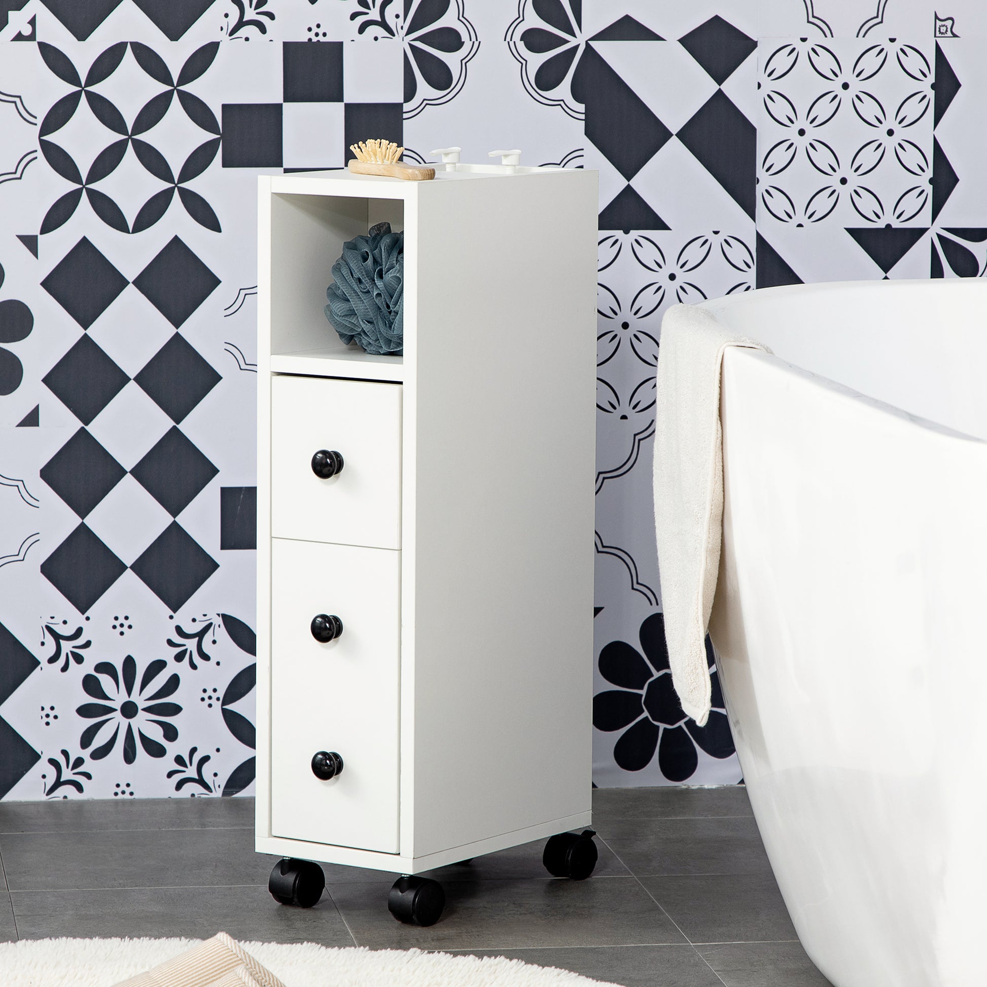 Slim Bathroom Cabinet with Wheels, Narrow Bathroom Storage Cabinet with Door, Drawer and 2 Open Compartments, White