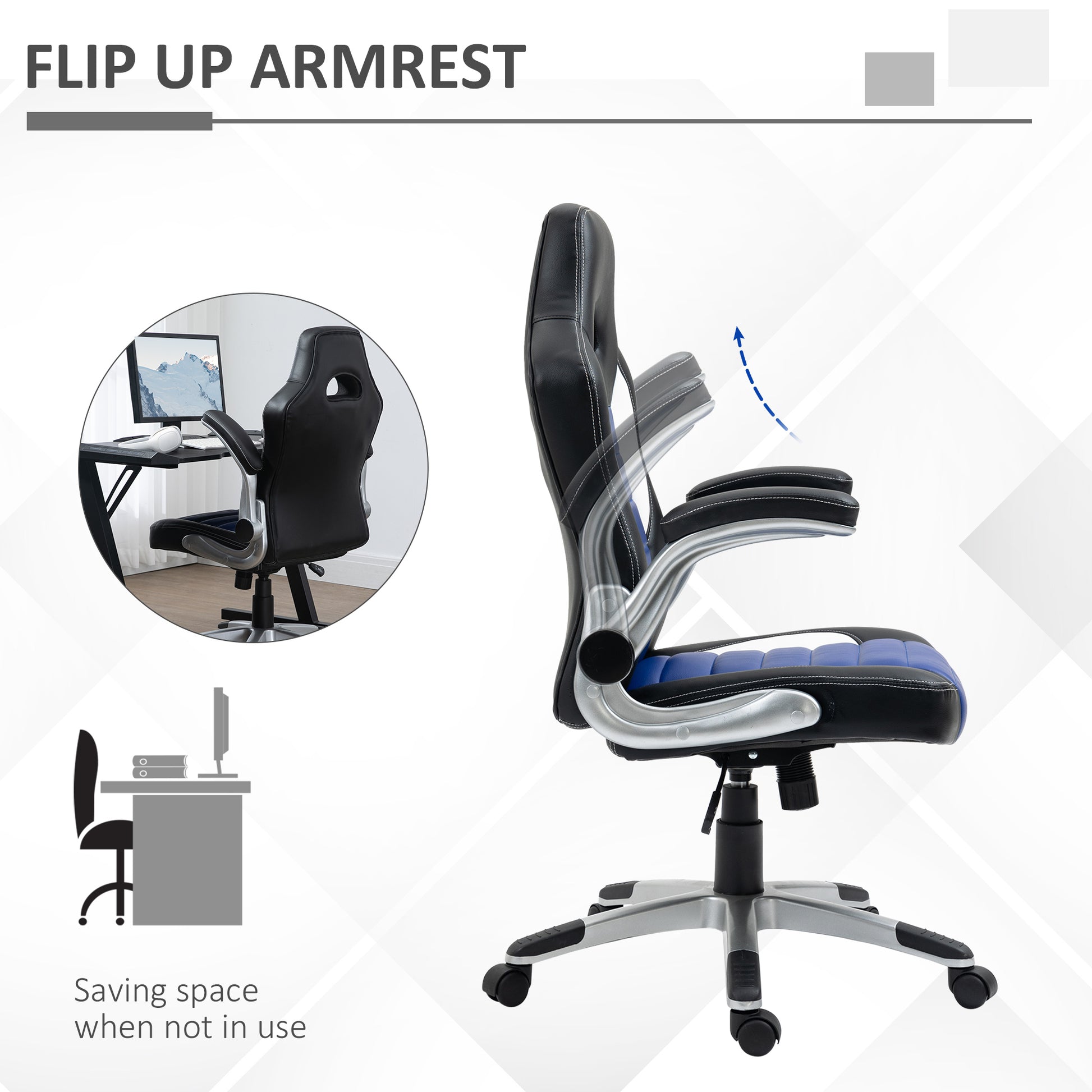 Racing Gaming Chair PU Leather Office Chair Executive Computer Desk Chair with Adjustable Height, Flip Up Armrest, Swivel Wheels, Blue