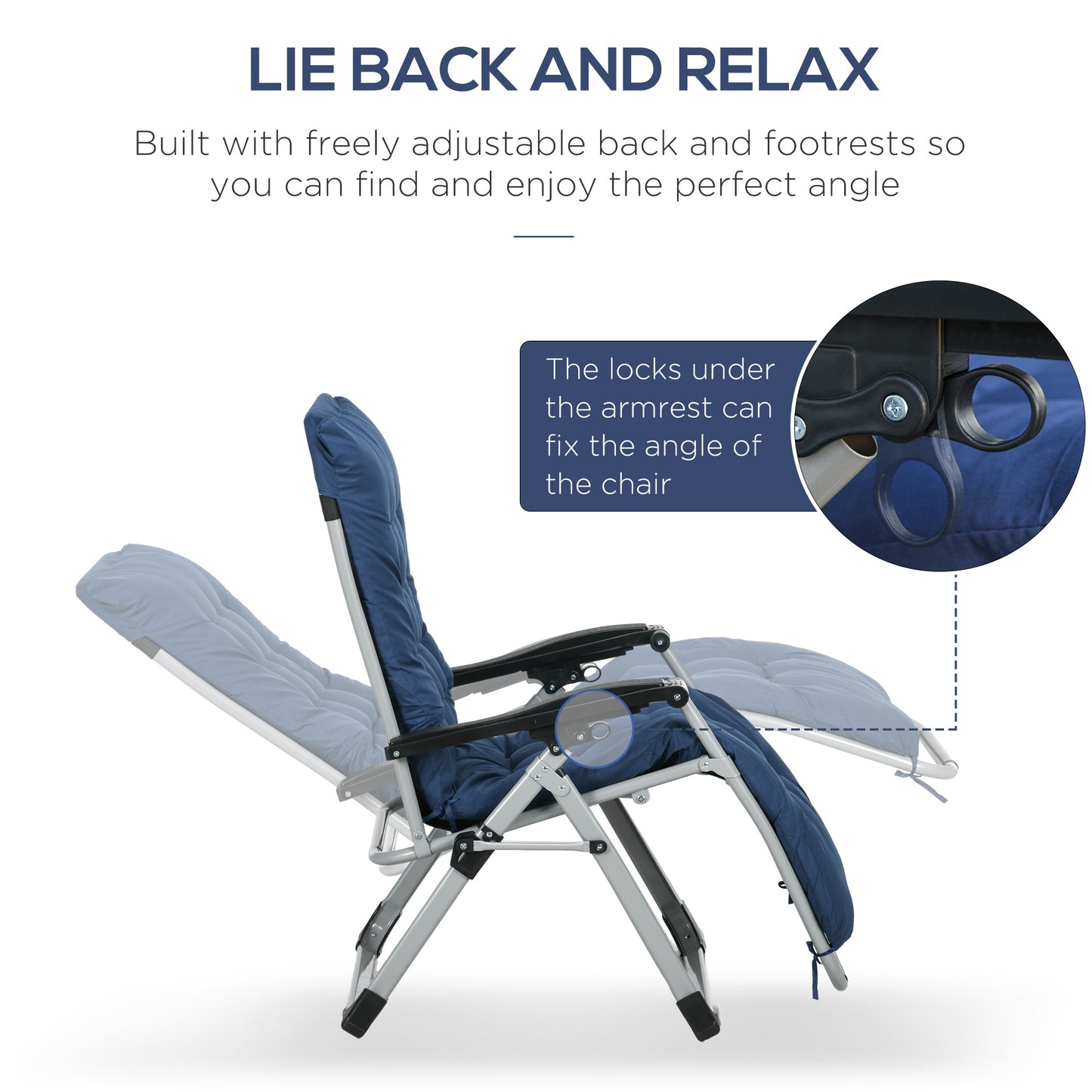 Folding Garden Chairs Set of 2, Reclining Zero Gravity Chair, Sun Lounger with Cushion and Headrest, Dark Blue