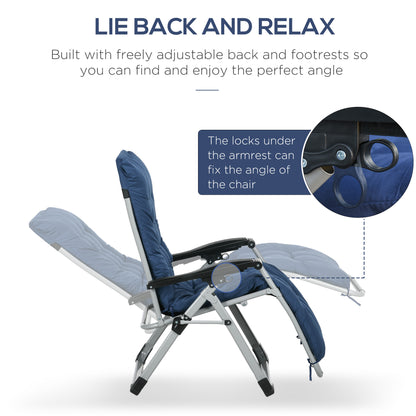 Folding Garden Chairs Set of 2, Reclining Zero Gravity Chair, Sun Lounger with Cushion and Headrest, Dark Blue