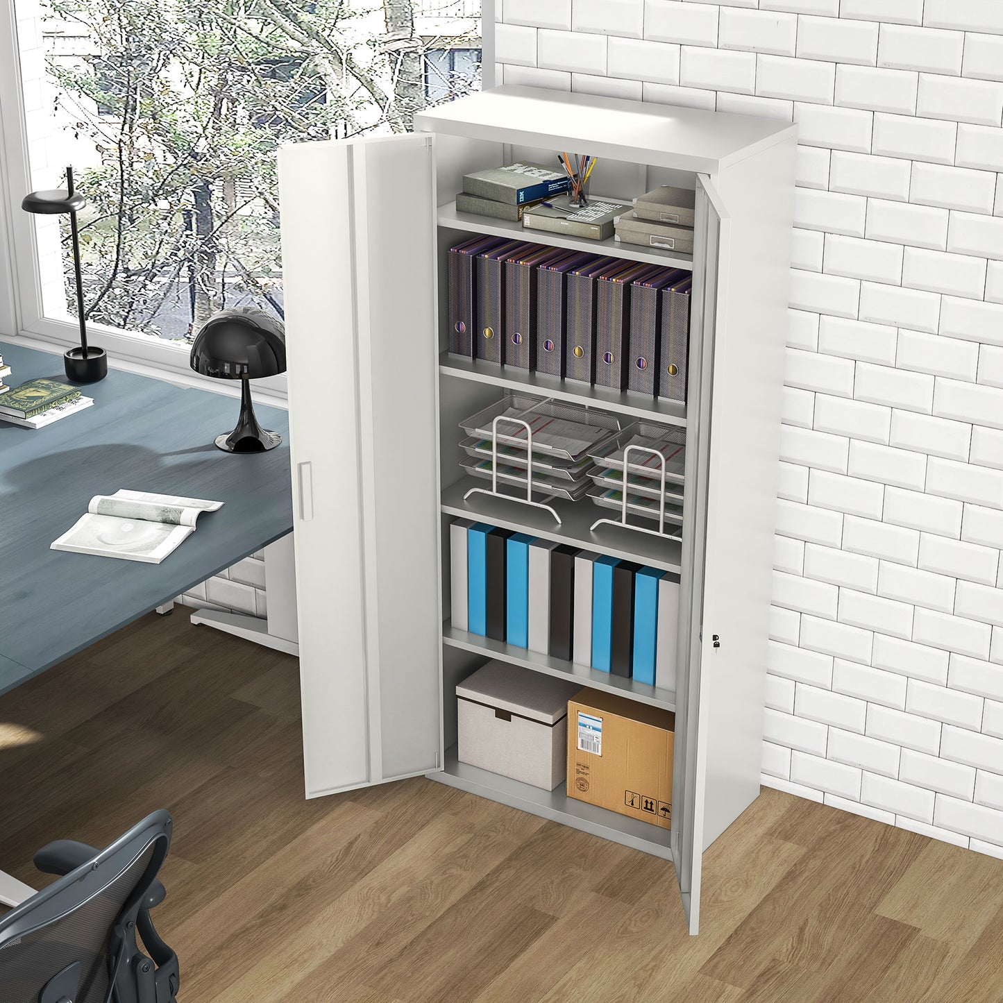71" Tall Garage Cabinet, Metal Storage Cabinet with 2 Doors, 4 Adjustable Shelves for Home Office, Study, Garage, White