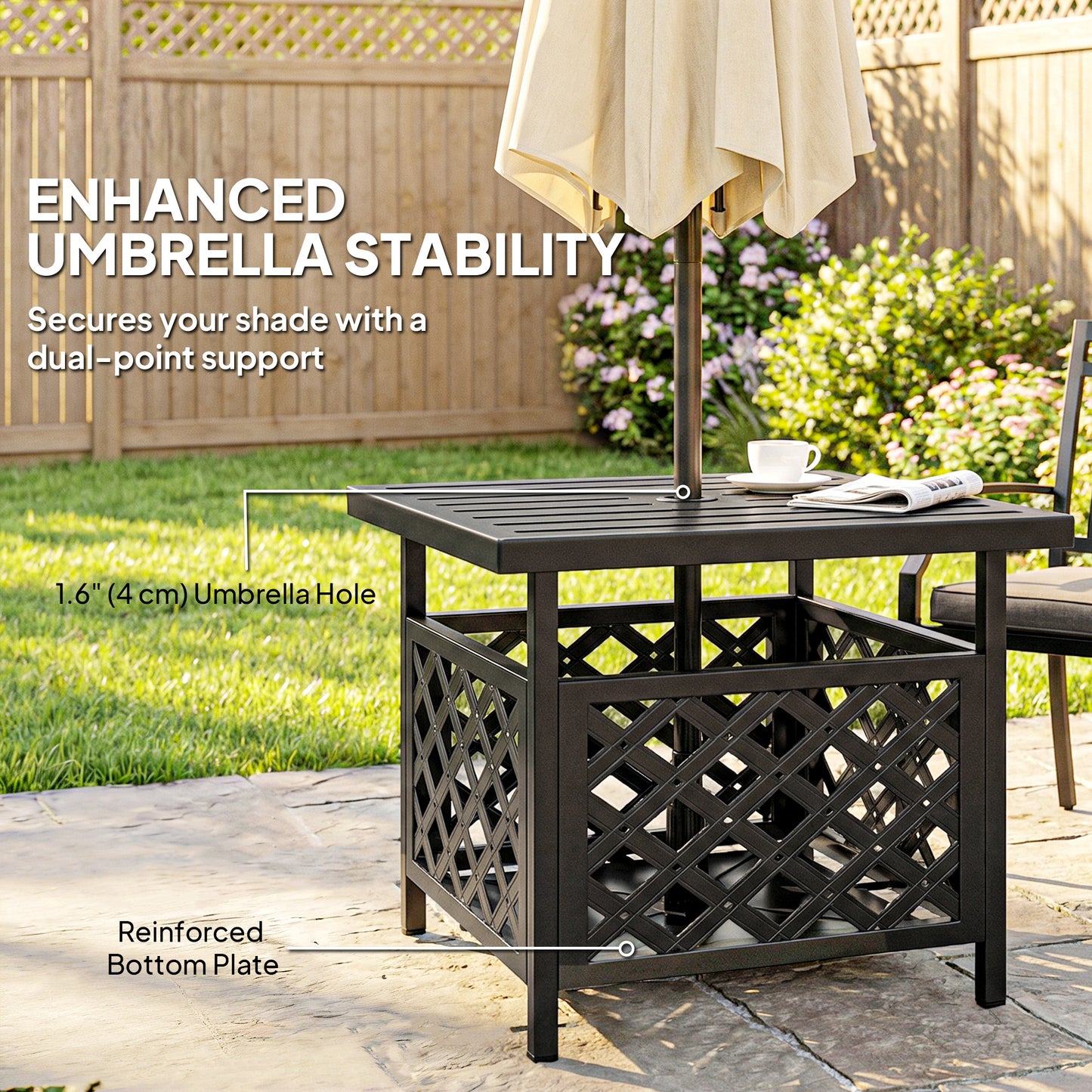 22" Outdoor Coffee Table, Patio Side Table with Umbrella Hole Slatted, Metal Top, for Garden, Backyard, Poolside, Black