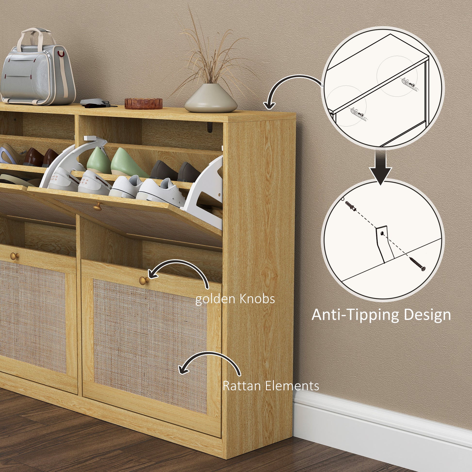 Narrow Shoe Storage Cabinet, Rattan Shoe Cabinet with 4 Flip Drawers and Adjustable Shelves for 20 Pairs, Oak