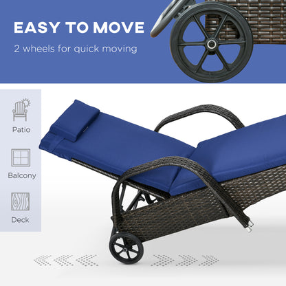 Patio Rattan Lounge Set, Wheeled Wicker Chaise Lounge Chair and Table with Tempered Glass Top, Dark Blue