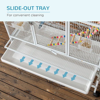71" Bird Cage with Wheels Perches, Ramp, Storage Shelf, Toys for Canaries, Finches, Cockatiels, Parakeets, White
