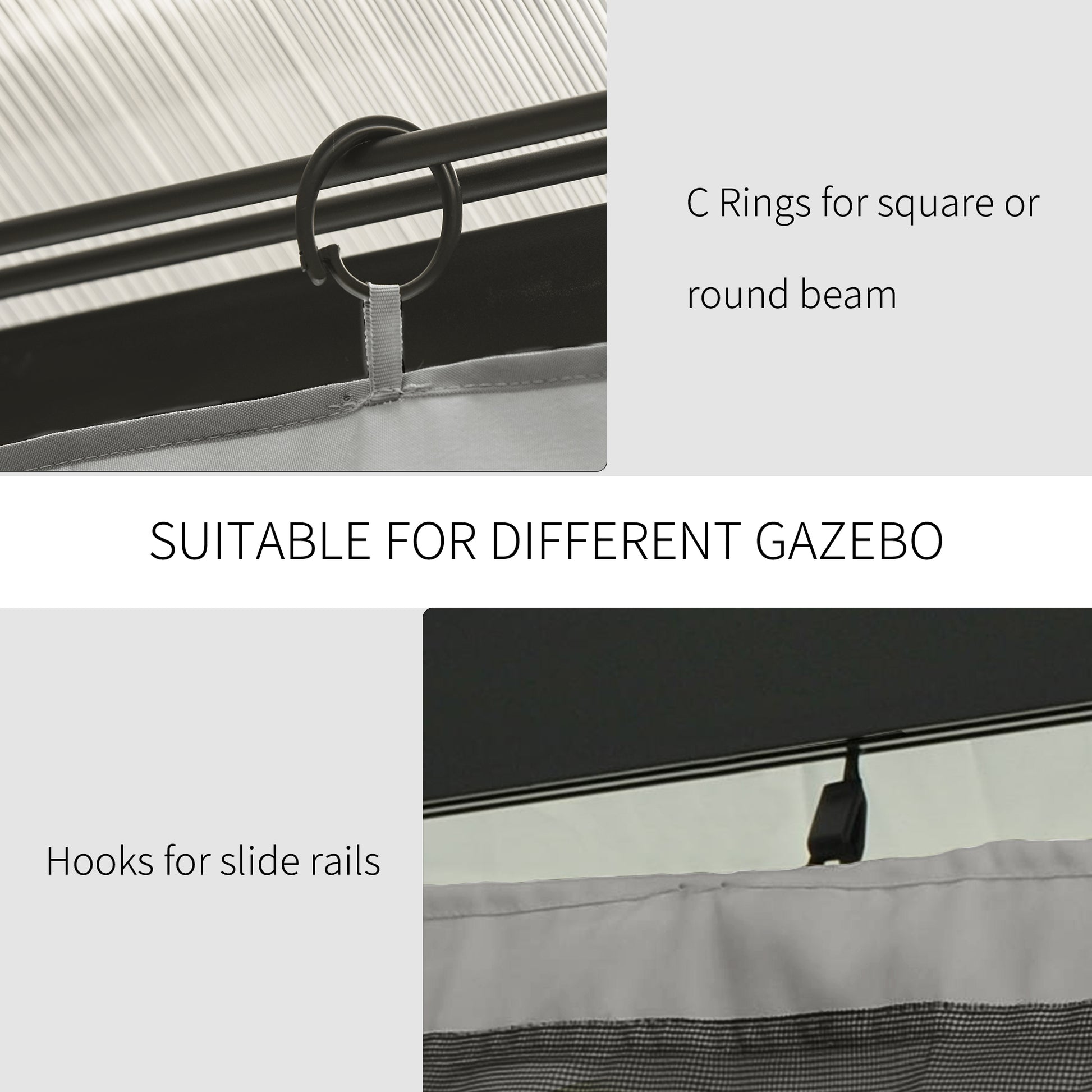 Gazebo Curtains, 10' x 10' Universal Replacement Privacy Curtain, 4-Panels Sidewall with Hooks/C-Rings, Light Grey