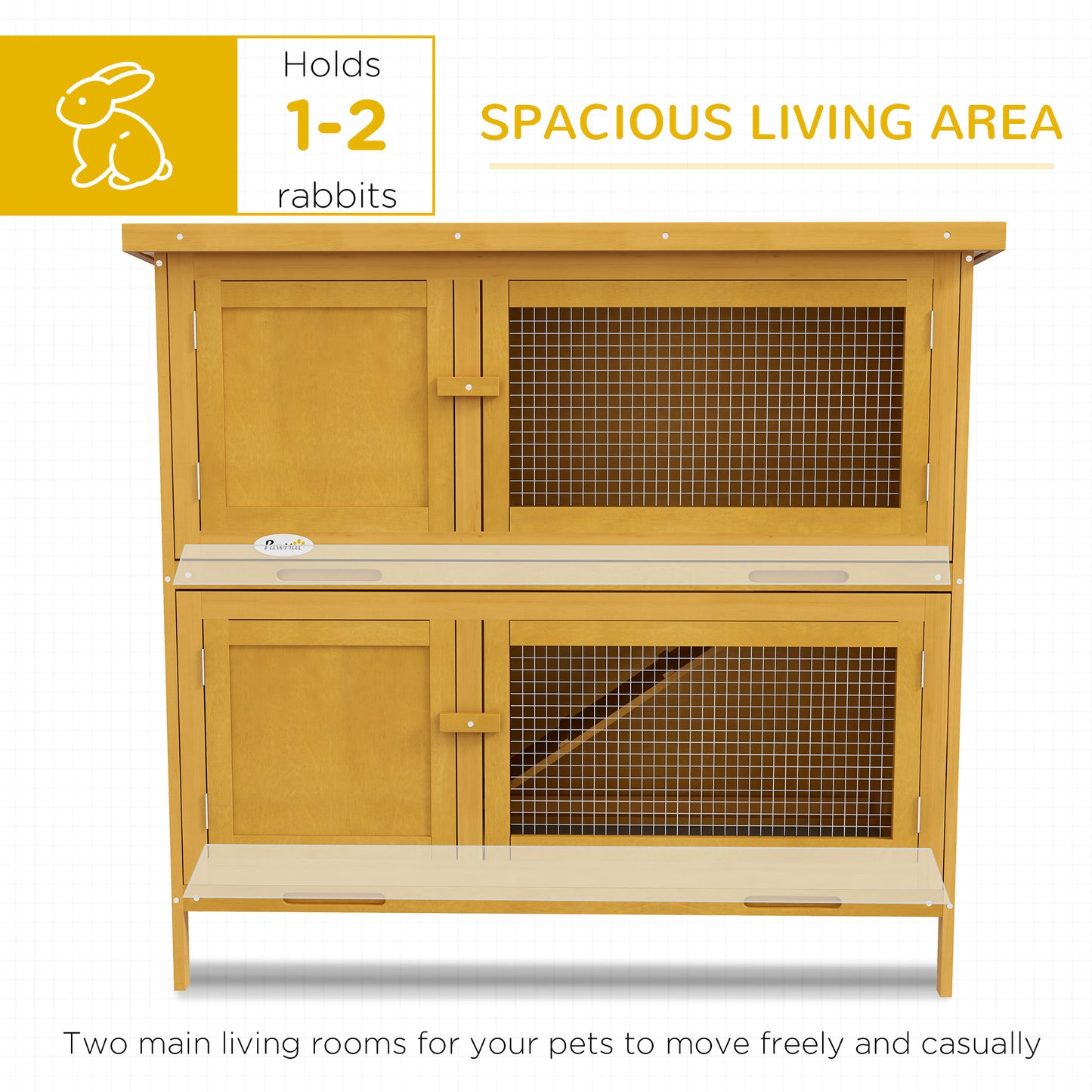 Wood Rabbit Hutch with 2 Large Main House, Ramp, Trays, Yellow