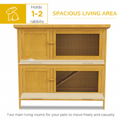 Wood Rabbit Hutch with 2 Large Main House, Ramp, Trays, Yellow