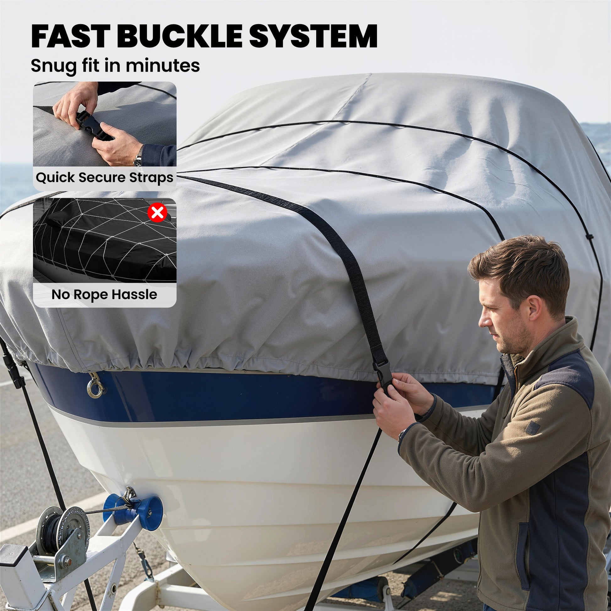 19-20 Ft Trailer Boat Cover, 3000mm Waterproof Universal Boat Cover with Quick-Fasten Buckles, Light Grey