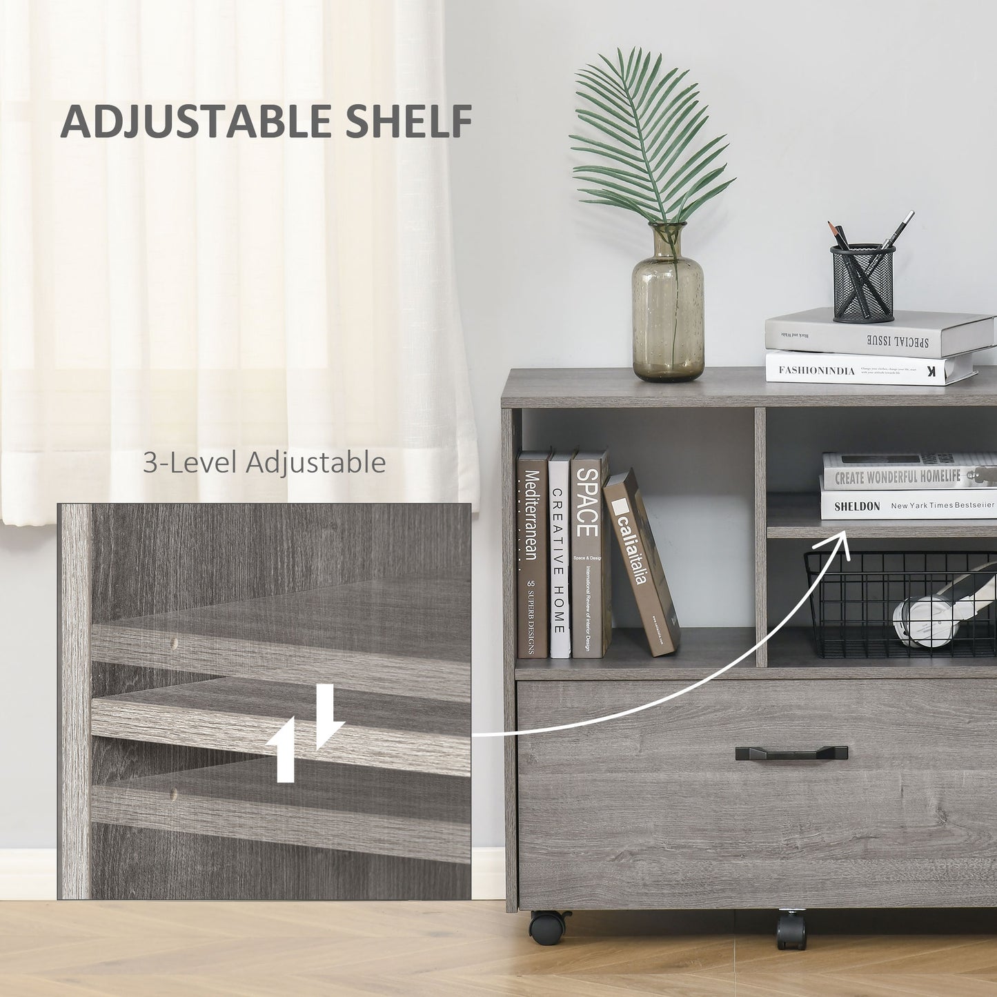 Lateral Filing Cabinet with Open Storage Shelf, Printer Stand, Mobile Office File Cabinet with Wheels for Letter and Legal Sized Files, Grey