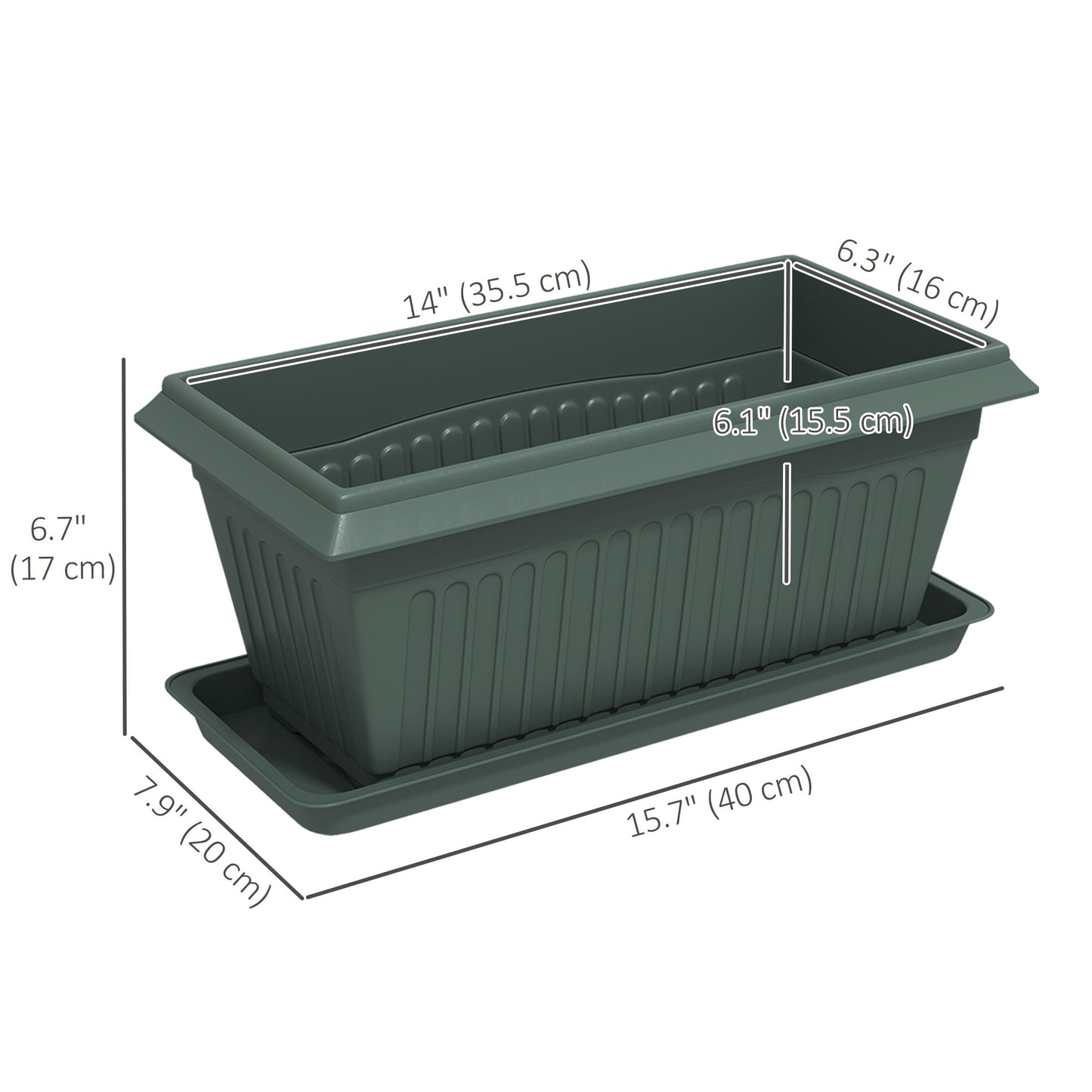 7 Pack 15.7" Plastic Flower Planters with Drainage Holes and Trays, Plant Pots for Indoor Outdoor Plants, Green