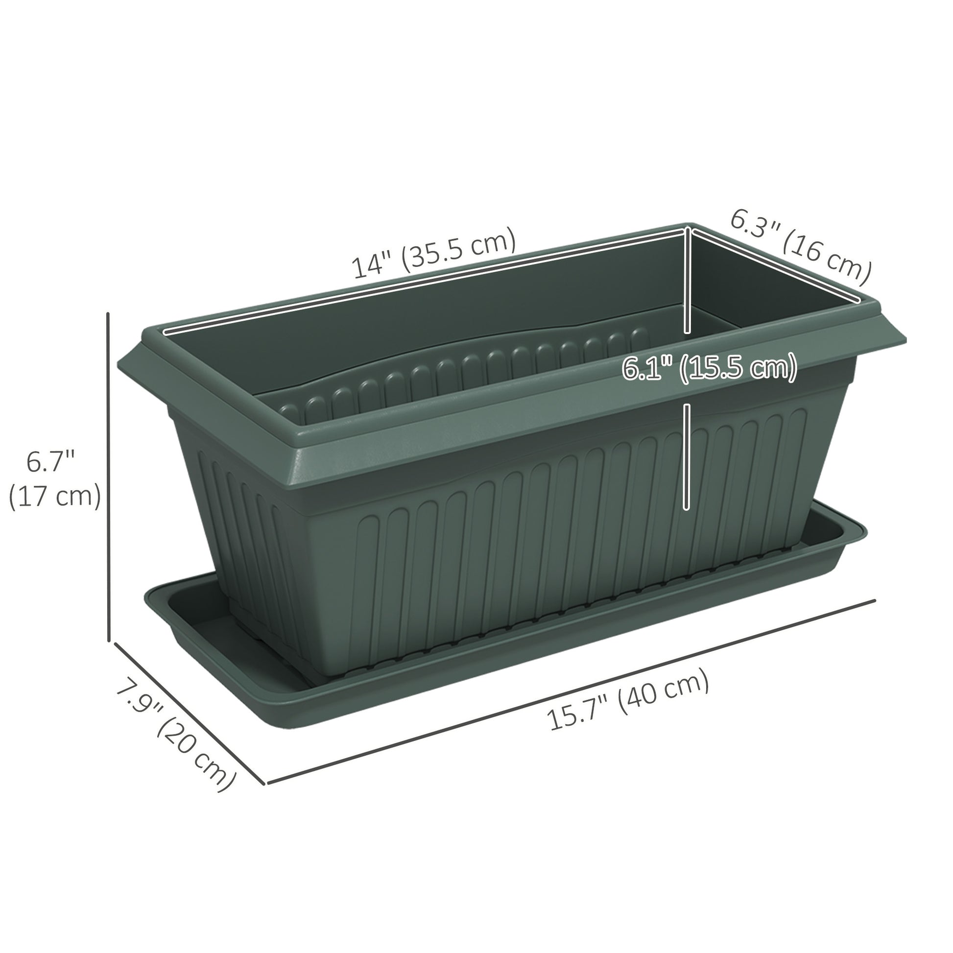 7 Pack 15.7" Plastic Flower Planters with Drainage Holes and Trays, Plant Pots for Indoor Outdoor Plants, Green