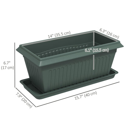 7 Pack 15.7" Plastic Flower Planters with Drainage Holes and Trays, Plant Pots for Indoor Outdoor Plants, Green