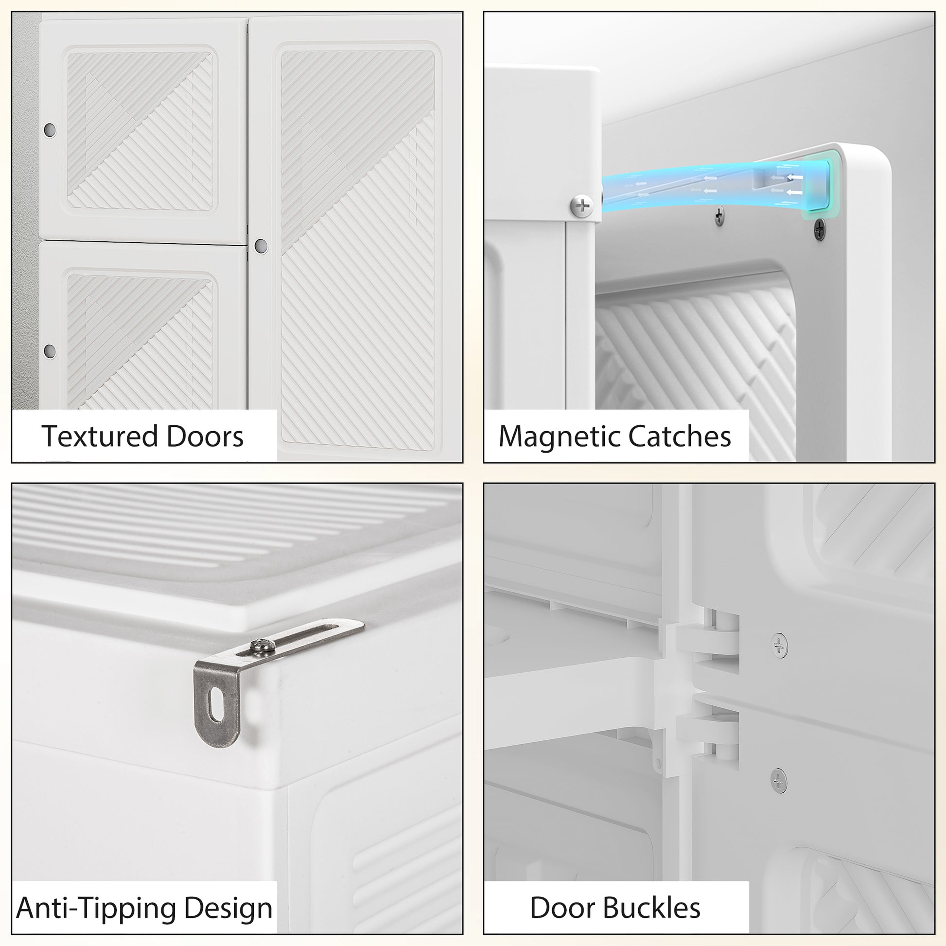 Portable Wardrobe, Foldable Plastic with 8 Compartments, 2 Hanging Rods and Magnetic Doors, White
