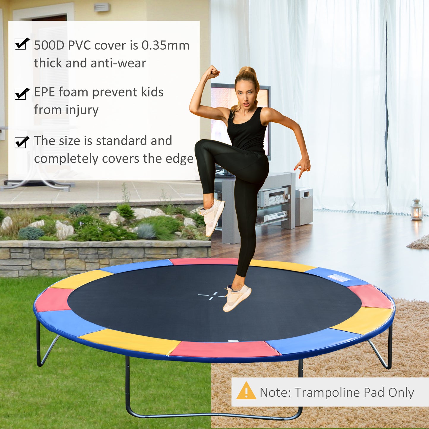 Soozier Trampoline Pad, 14FT Replacement Trampoline Safety Pad Mat Spring Cover, Water-Resistant, UV-Resistant, Tear-Resistant, No Holes for Pole, Colorful