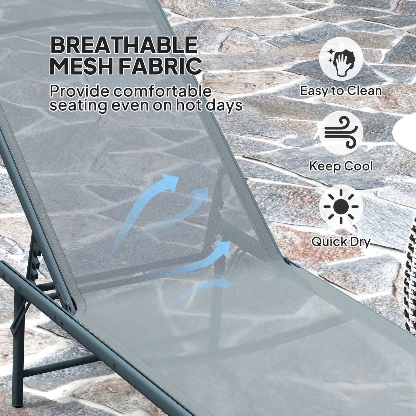 Folding Outdoor Lounge Chair, Reclining Chaise Lounge Tanning Chair w/ Adjustable Back, Mesh Seat, Light Grey