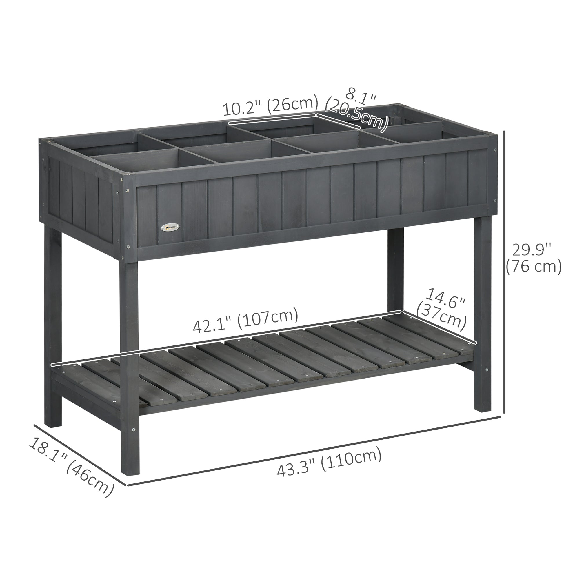 43.25" x 18" x 30" Raised Garden Bed, Wooden Plant Stand with 8 Grid Box, Storage Shelf for Outdoor, Dark Grey