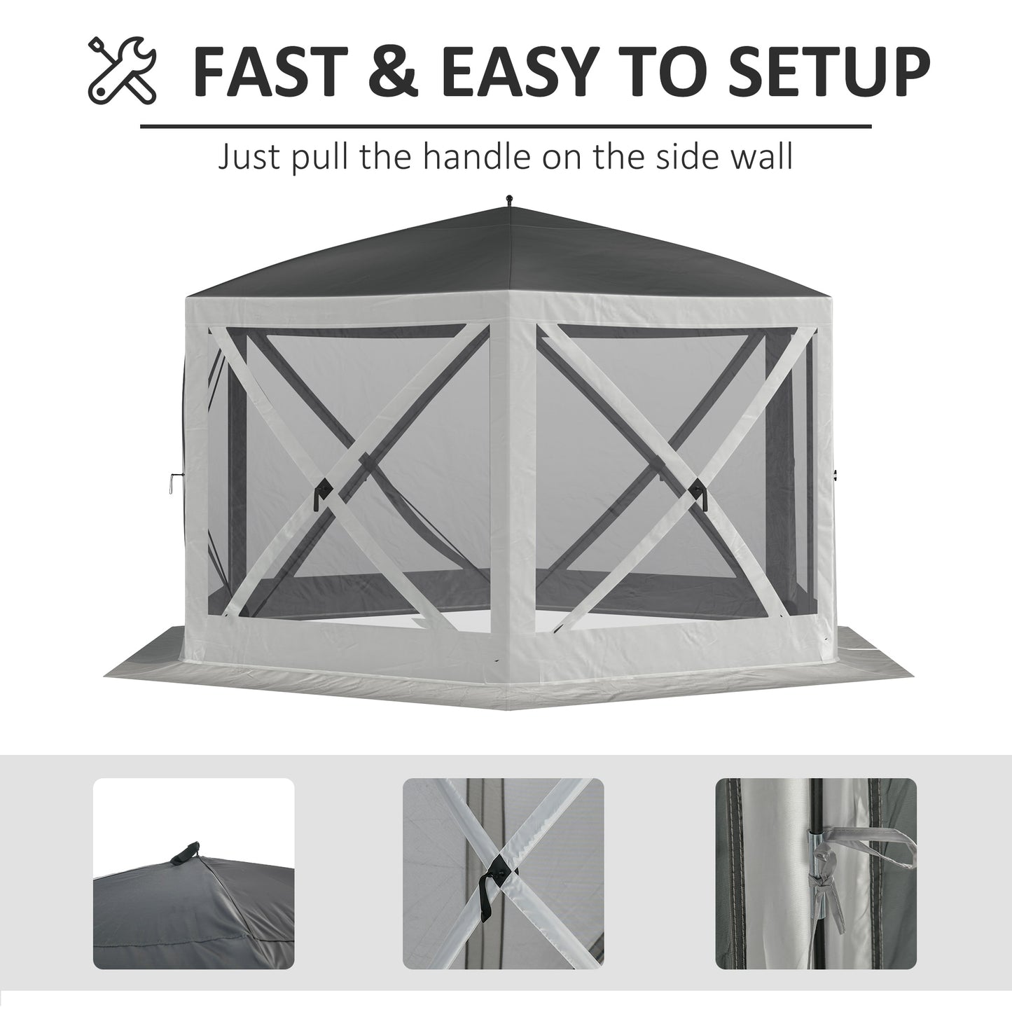 12' x 12' Hexagon Automatic Pop Up Screen Tents Camping Shelter Picnic Canopy with Mesh Sidewalls and Carry Bag, Grey