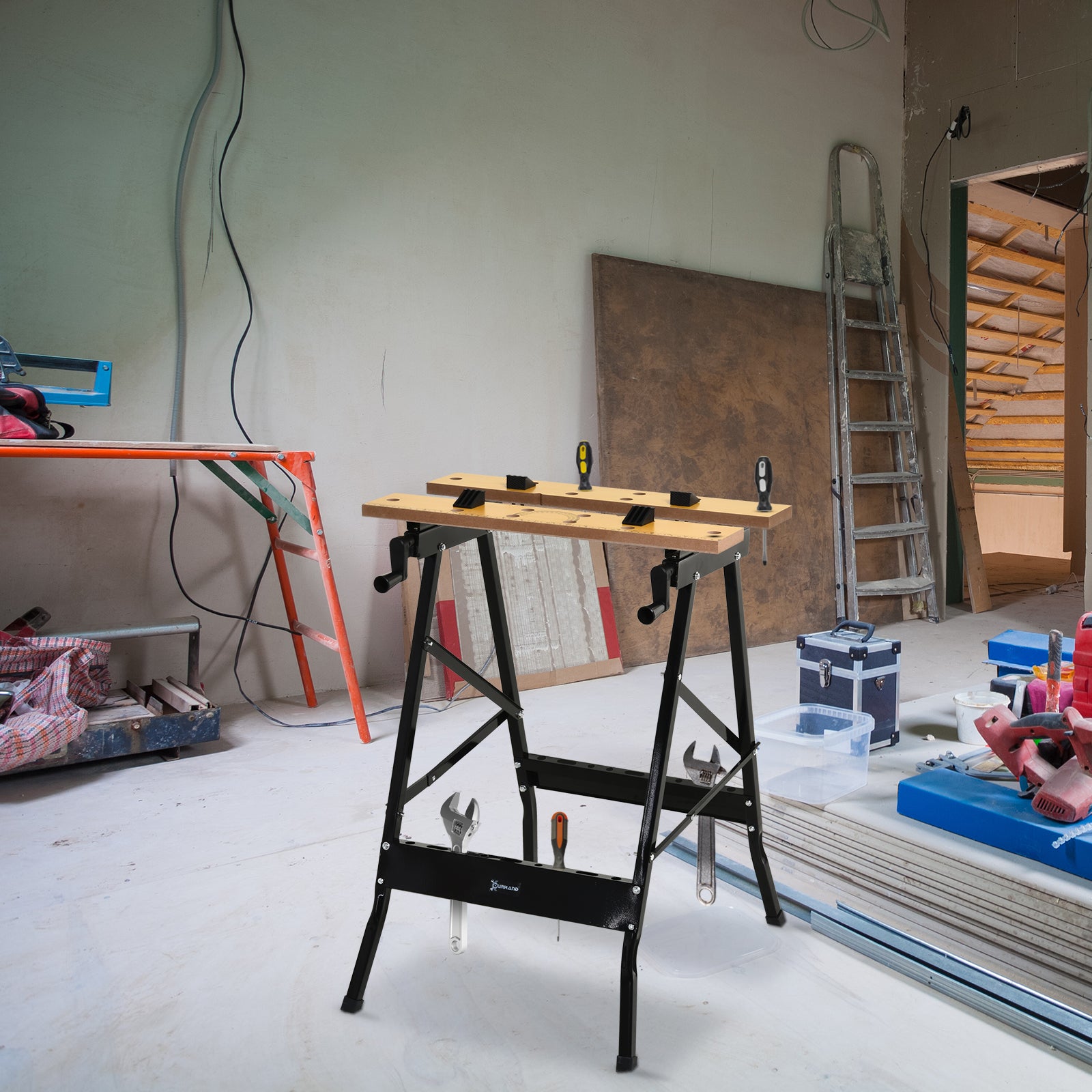 Foldable Work Bench w/ 4 Adjustable Clamps, Carpenter Saw Table, MDF Surface, Steel Frame, Portable Work Bench 100kg/220lbs Capacity, Black