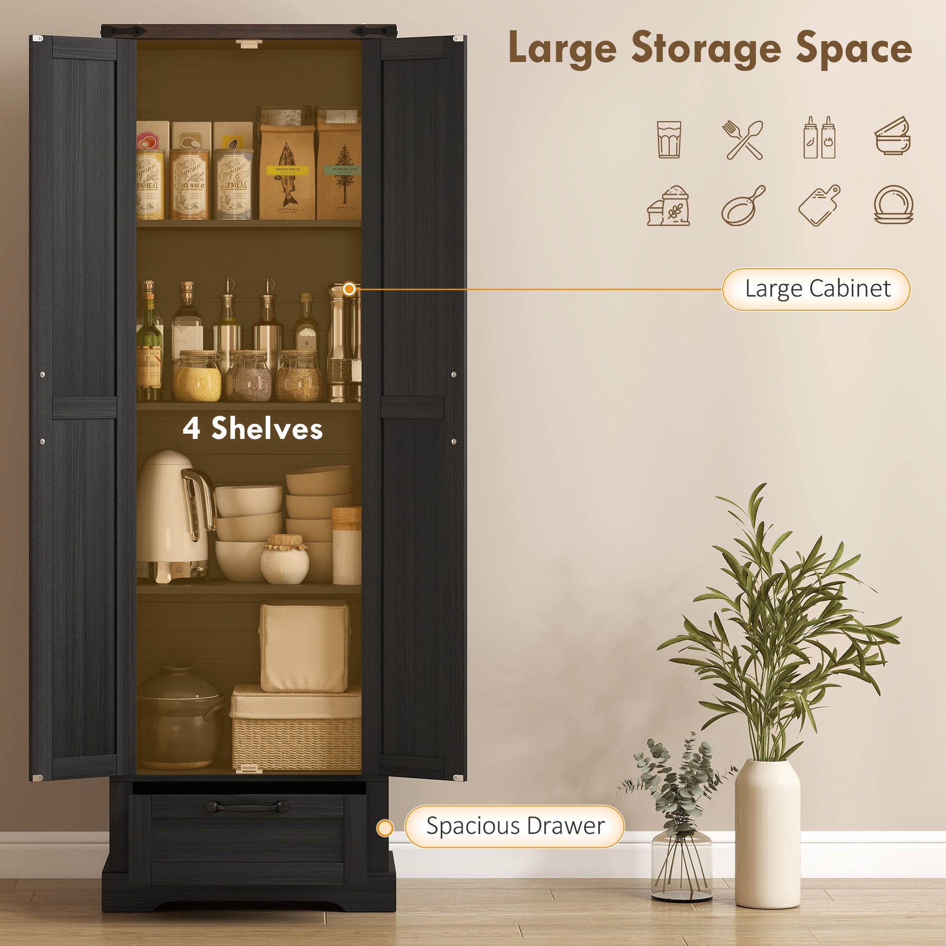71" Pantry Cabinet, Kitchen Storage Cabinet with Adjustable Shelves, 2 Doors and Drawer for Dining Room, Black