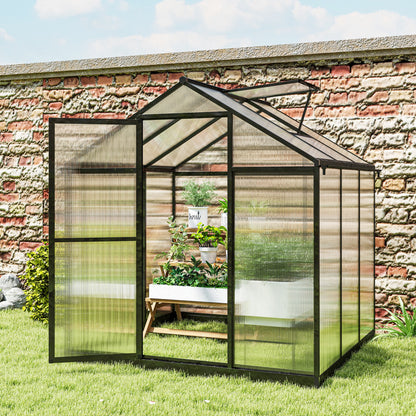 6' x 8' x 6.4' Polycarbonate Greenhouse, Aluminum Walk-In Green House Kit Garden, Plants Grow with Rain Gutter and Roof Vent, Charcoal Grey