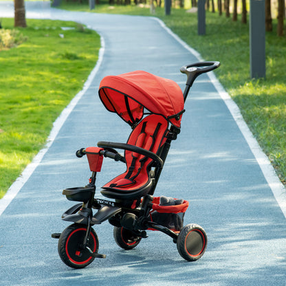 Aosom Tricycle for Toddler 6-in-1 Kids Trike, Foldable Converts Stroller to Baby Push Bike, Adjustable Backrest with Detachable Guardrail & Handle, Brake for 1-4 Years Old, Red