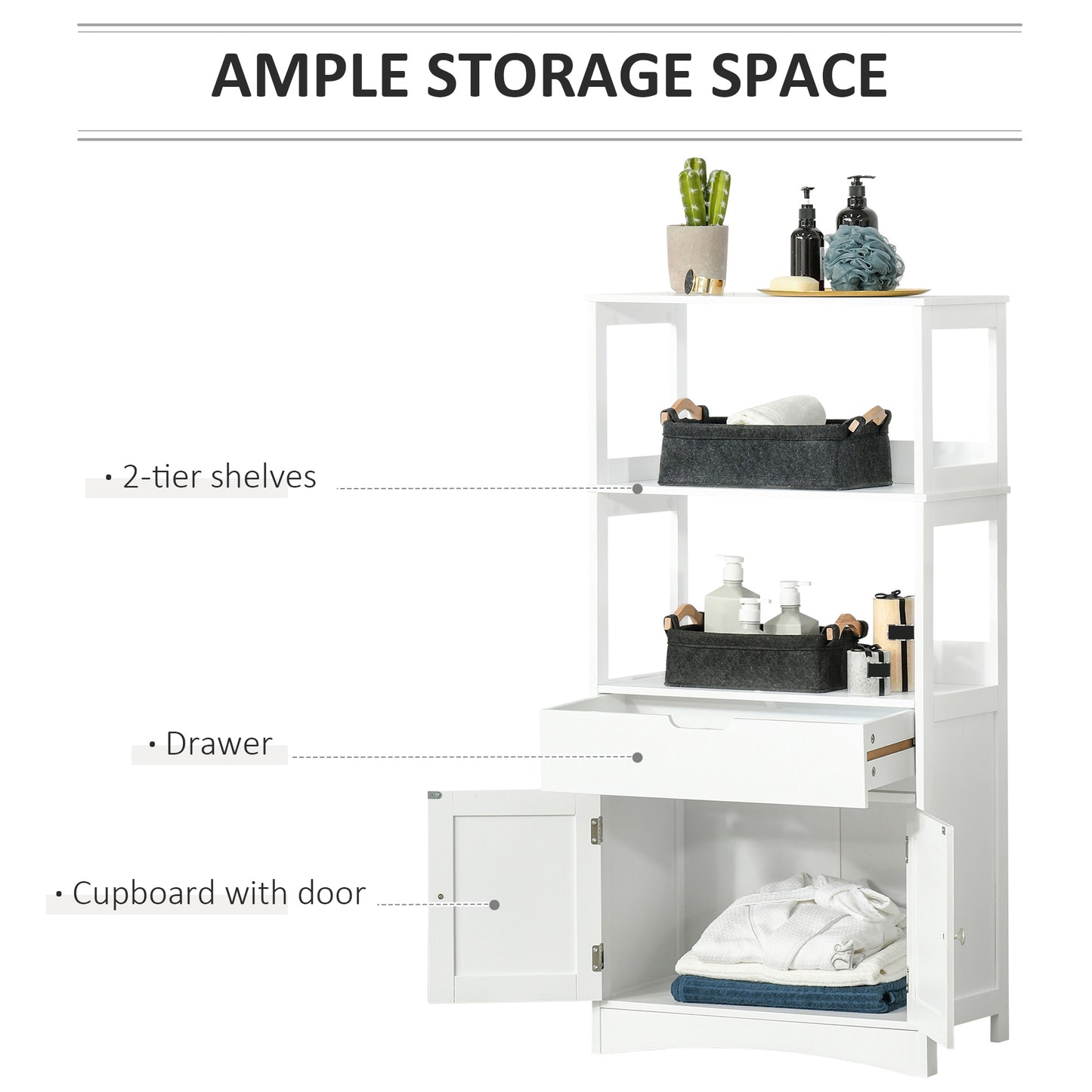 Bathroom Floor Cabinet, Free Standing Kitchen Cabinet with Shelves, Drawer and Doors, for Living Room, White