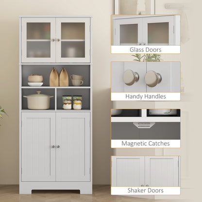 57" Kitchen Pantry, Freestanding Pantry Storage Cabinet with Glass Doors, Adjustable Shelves, Open Compartments, White