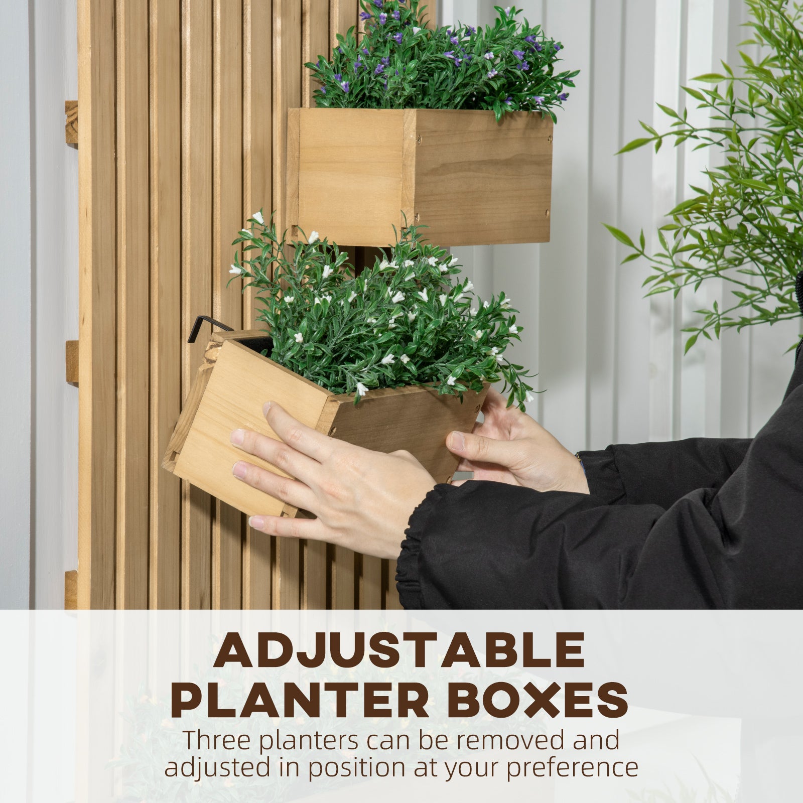 3 Box Raised Garden Bed with Trellis, Wall-Mounted Wood Planter Box Set with Drainage Hole for Flowers, Climbing Plants
