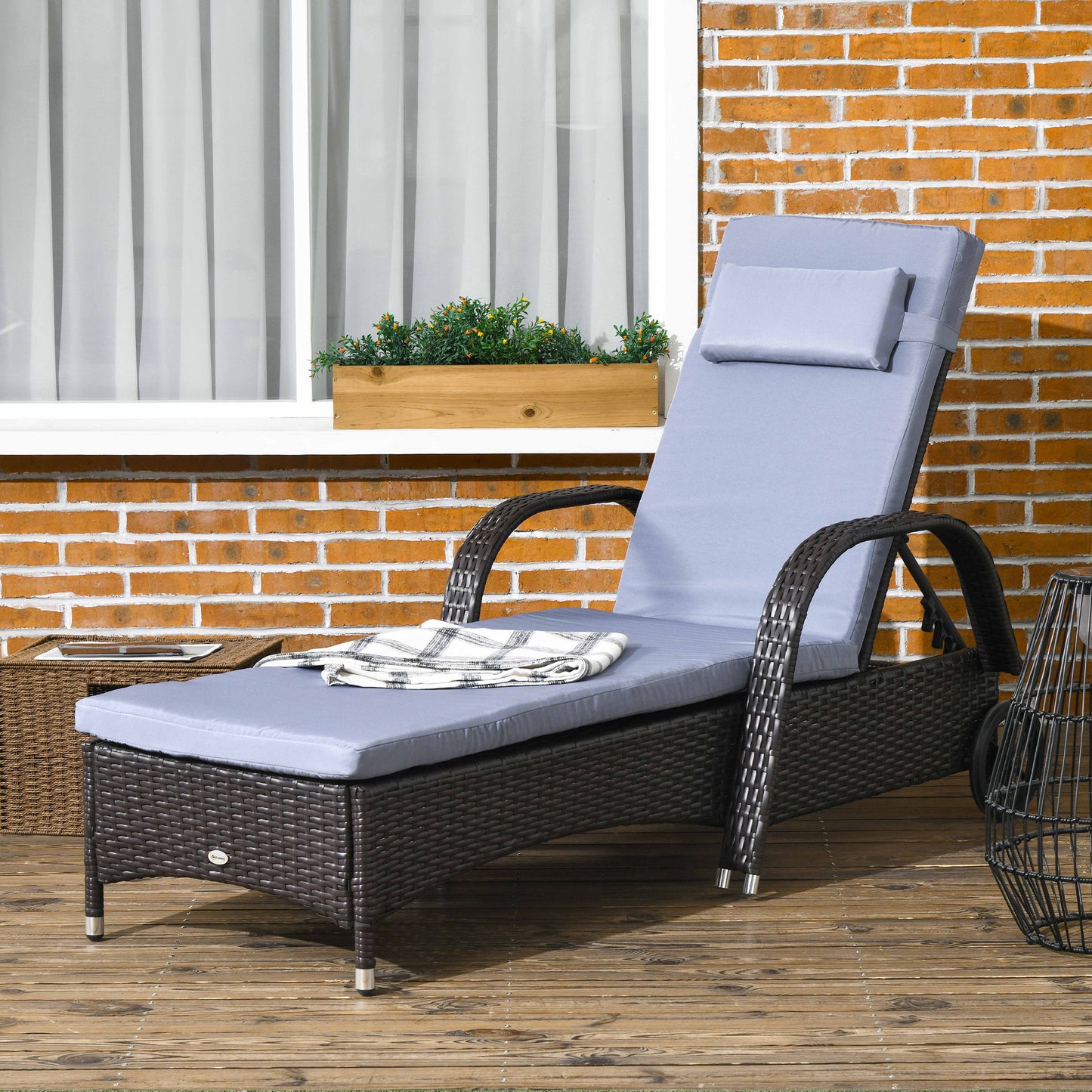 Outdoor Lounger, Deck Lounge Chair with Headrest, 5-Level Adjustable, Backrest, Wheels, Deep Coffee and Silver Grey