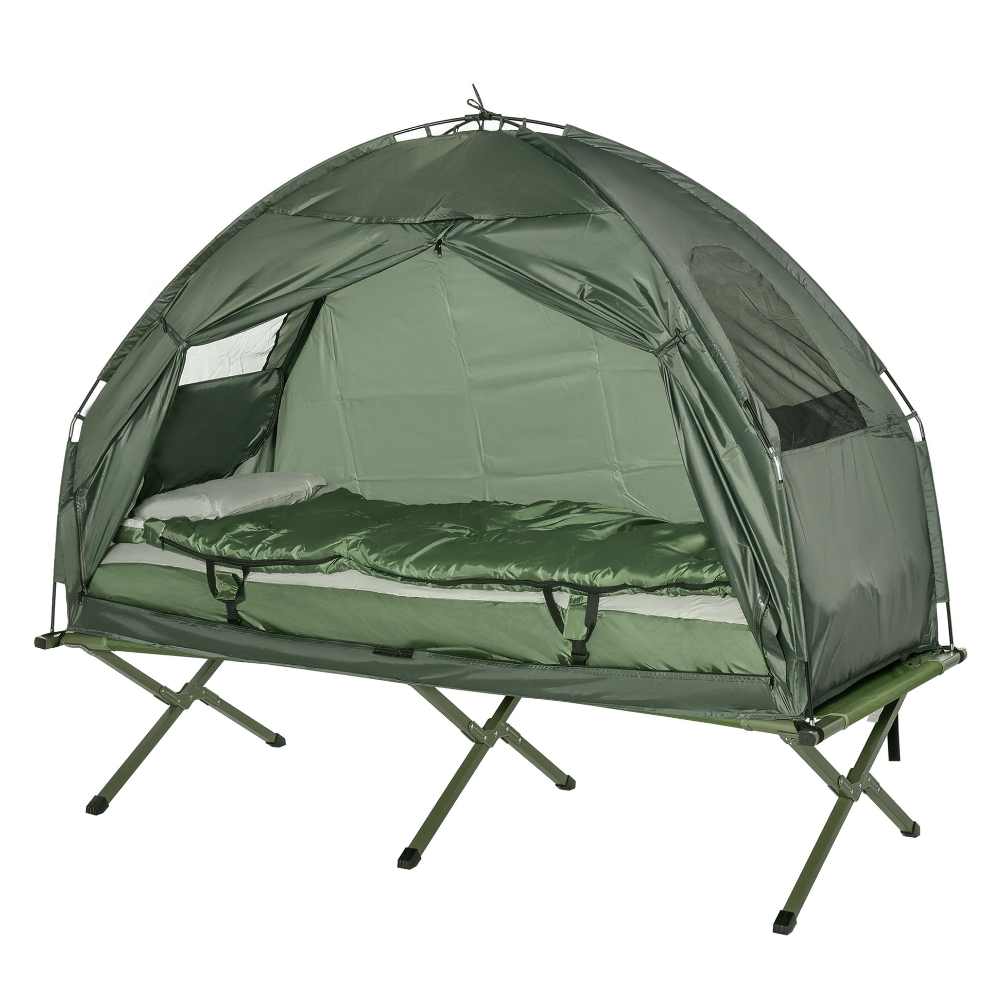 4-in-1 Camping Cot Tent, 1-Person Off-Ground Bed with Air Mattress, Sleeping Bag & Pillow, Elevated Camping Shelter for Adults