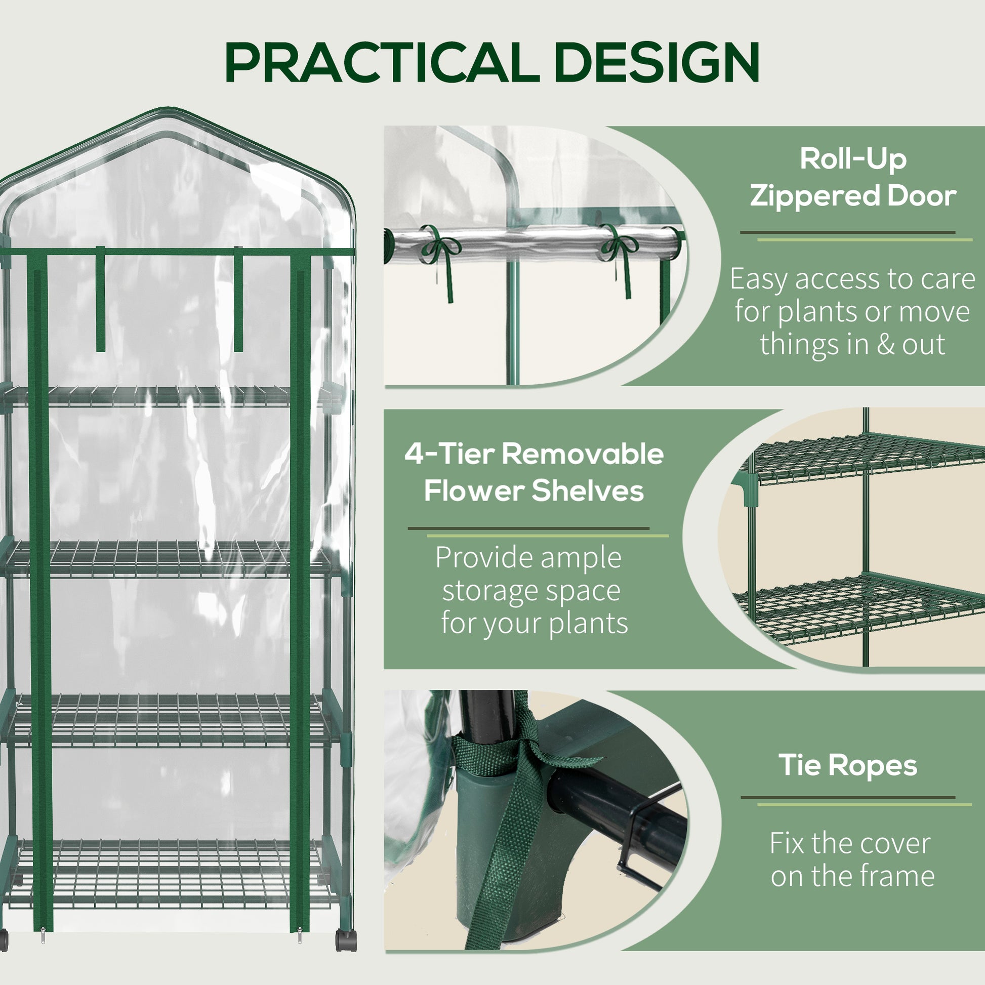 27" x 20" x 65" Portable Greenhouse with 4 Tier Shelves and Wheels, Outdoor Hot House Plant Flower Greenhouse, Steel Frame, Plastic Cover, Clear