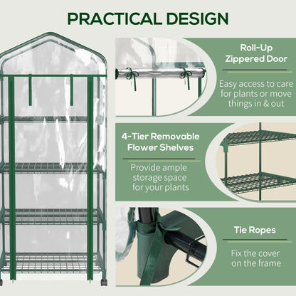 27" x 20" x 65" Portable Greenhouse with 4 Tier Shelves and Wheels, Outdoor Hot House Plant Flower Greenhouse, Steel Frame, Plastic Cover, Clear
