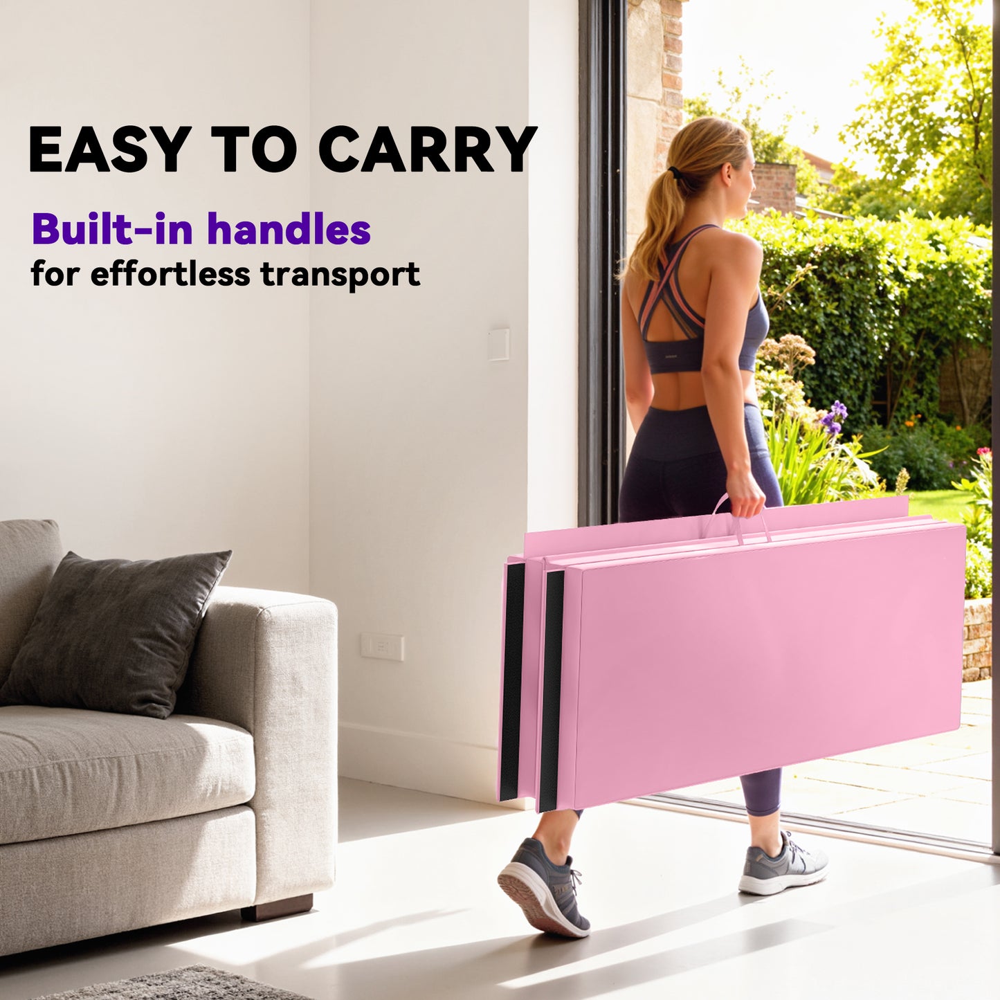 Soozier 4'x6'x2'' Folding Gymnastics Tumbling Mat, Exercise Mat with Carrying Handles for Yoga, MMA, Martial Arts, Stretching, Core Workouts, Pink