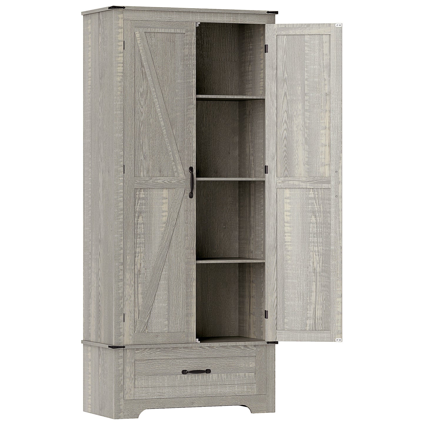72" Farmhouse Pantry Cabinet with Adjustable Shelves, Kitchen Pantry Cabinet with 2 Doors, Distressed Light Grey