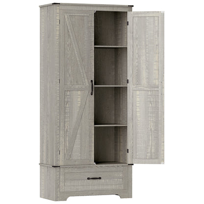 72" Farmhouse Pantry Cabinet with Adjustable Shelves, Kitchen Pantry Cabinet with 2 Doors, Distressed Light Grey