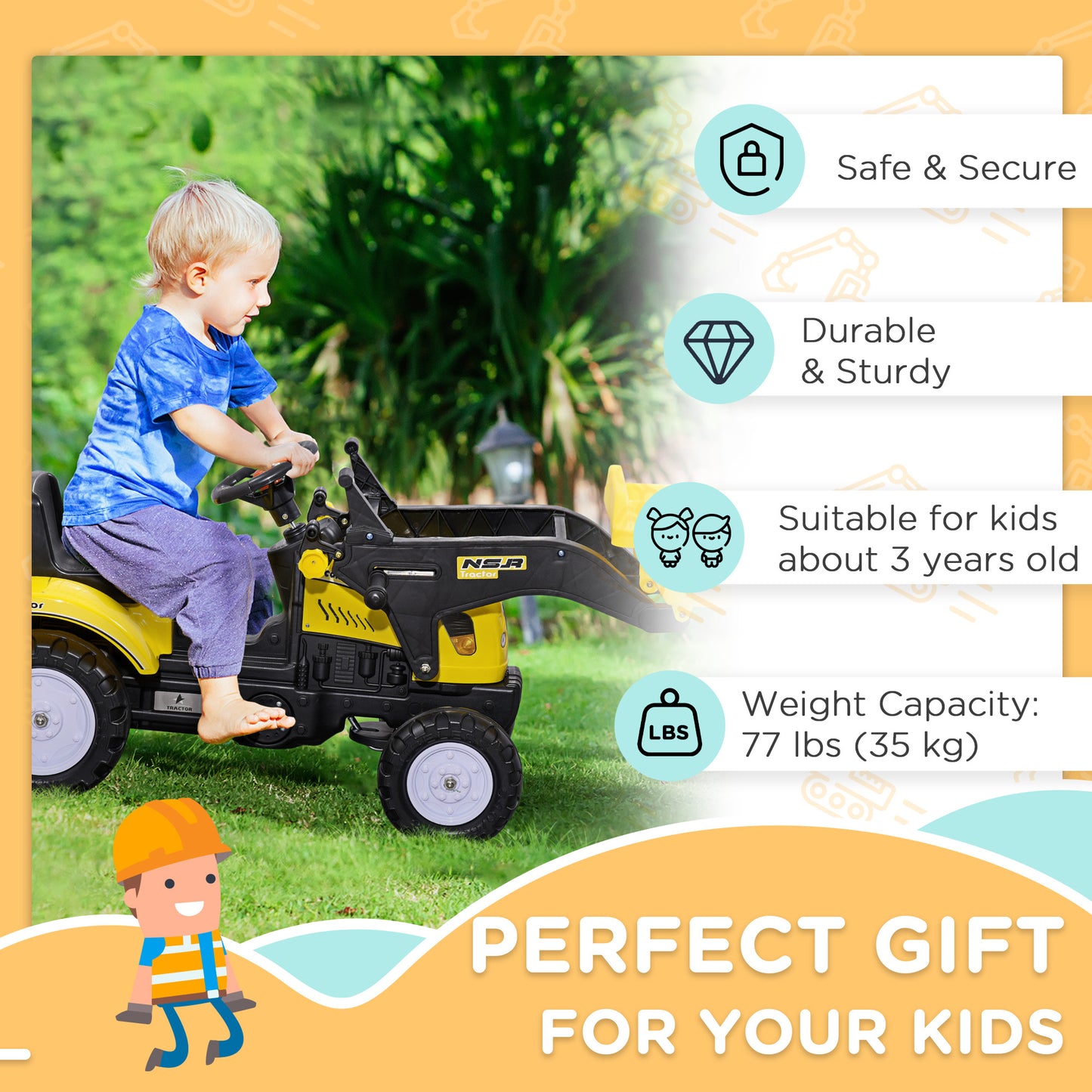 Aosom Ride on Tractor for Kids, Pedal Construction Car with Front Loader Digger for 3 Year Old, Yellow