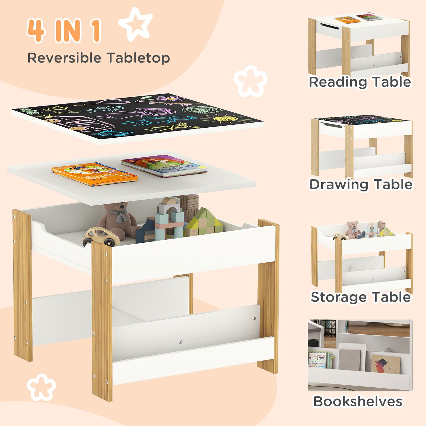 Qaba 3 Piece Kids Table and Chair Set with Reversible Tabletop, Blackboard, Storage, Bookshelf, for Playroom, Nursery Natural