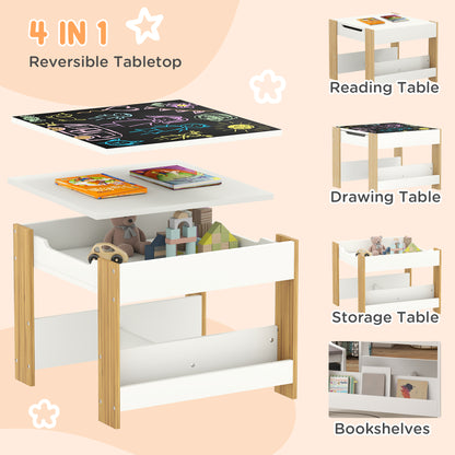 Qaba 3 Piece Kids Table and Chair Set with Reversible Tabletop, Blackboard, Storage, Bookshelf, for Playroom, Nursery Natural